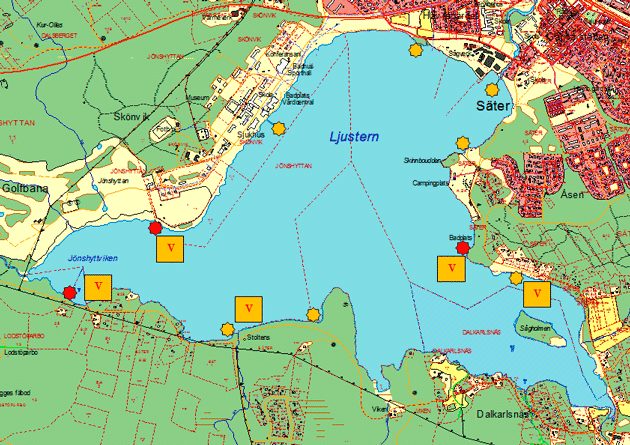 Karta över vindskydd och bryggor runt sjön Ljustern
